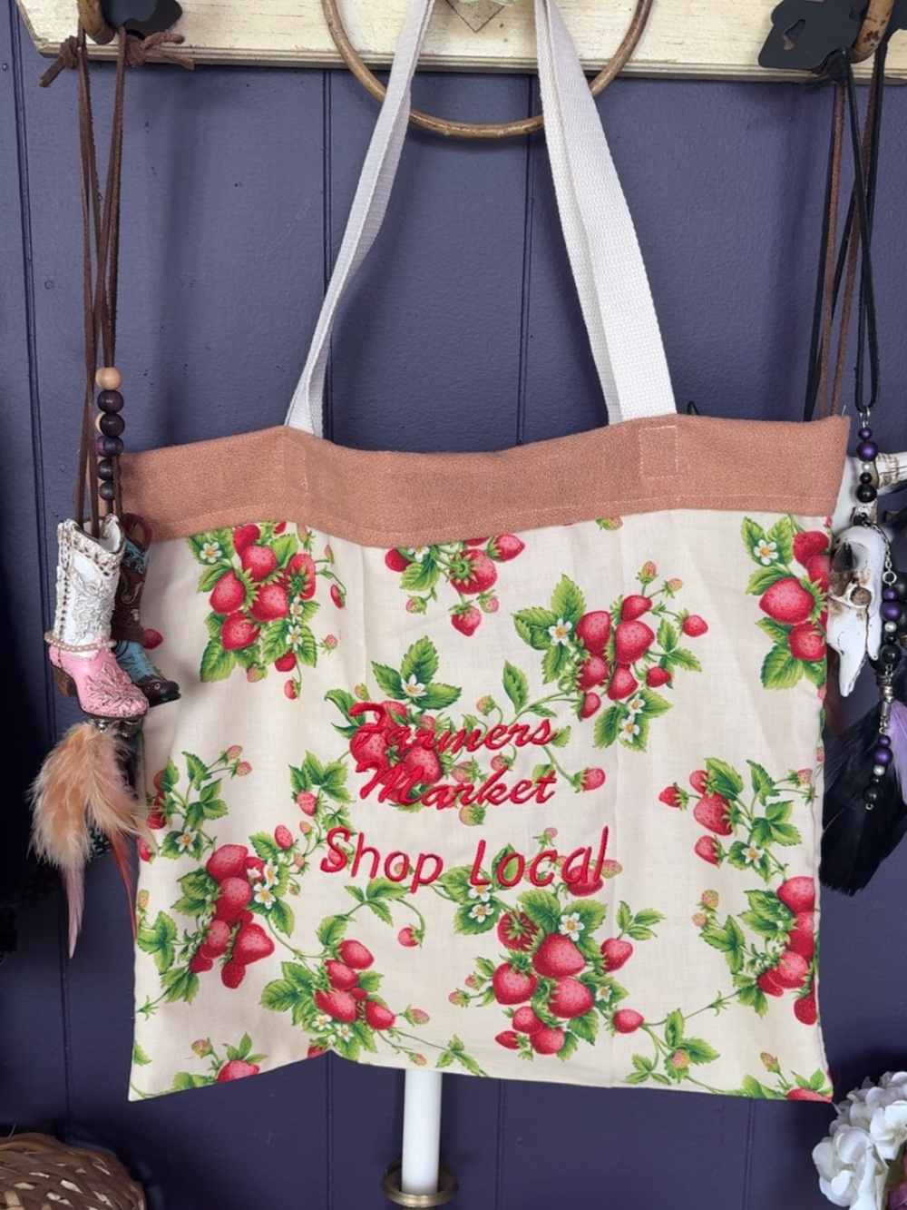 Shop Local Farmers Market Strawberry Tote Bag - Cream & Red